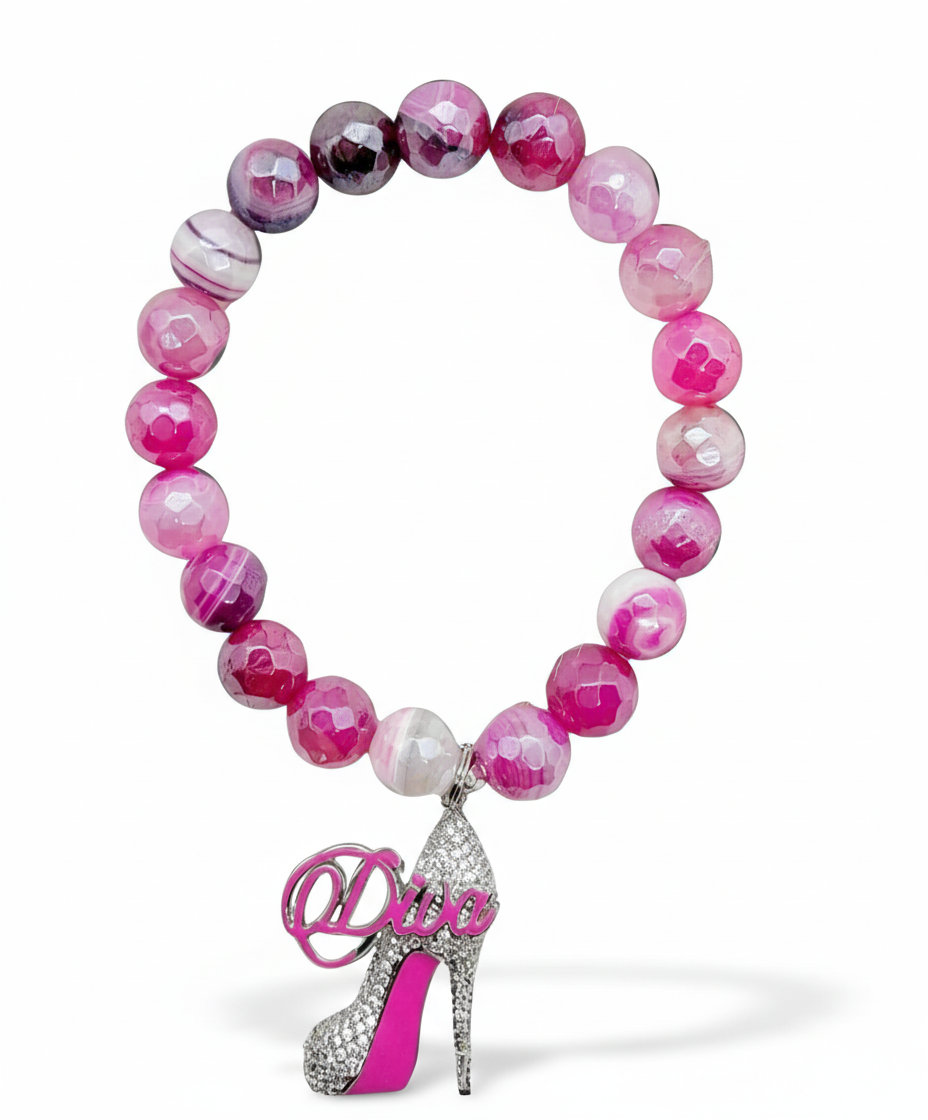 A pink agate bead bracelet with a blingy Diva shoe charm.