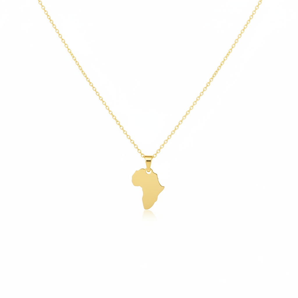 Gold necklace with a pendant shaped like the African continent on a white background