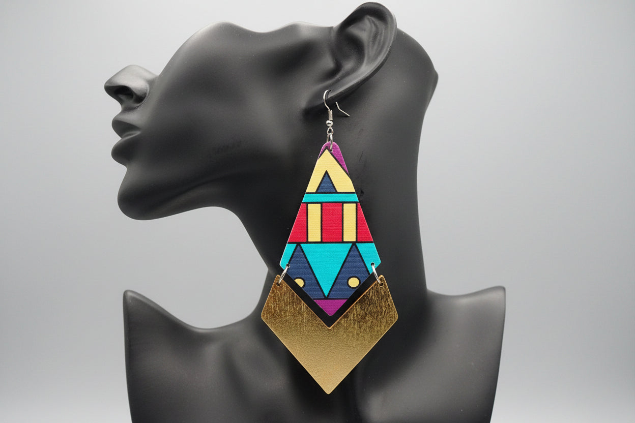 Colorful geometric earring on a mannequin ear against a reflective surface