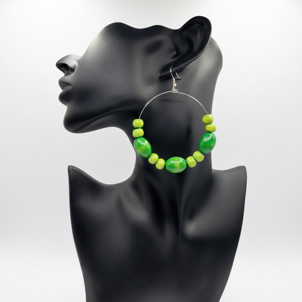 lime green wood bead hoop earring n a mannequin