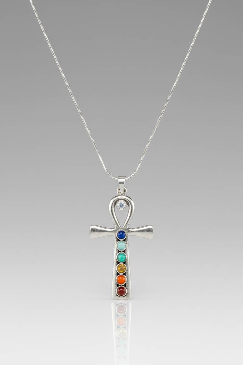 Silver ankh pendant with colorful stones on a gray background